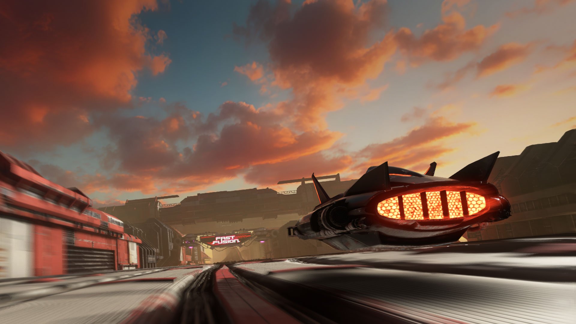 A machine races forward on a track.